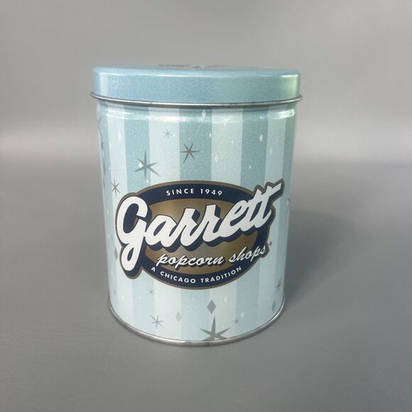 Garrett Popcorn 7" Light Blue w/stars Tin Can  Empty - Picture 1 of 7